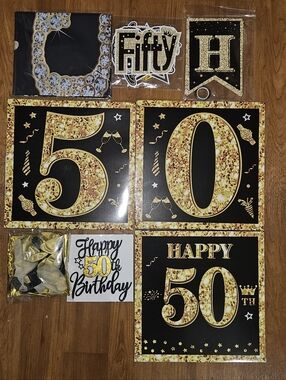 Gold & Black "Happy 50" Birthday Party Banner and Decorations